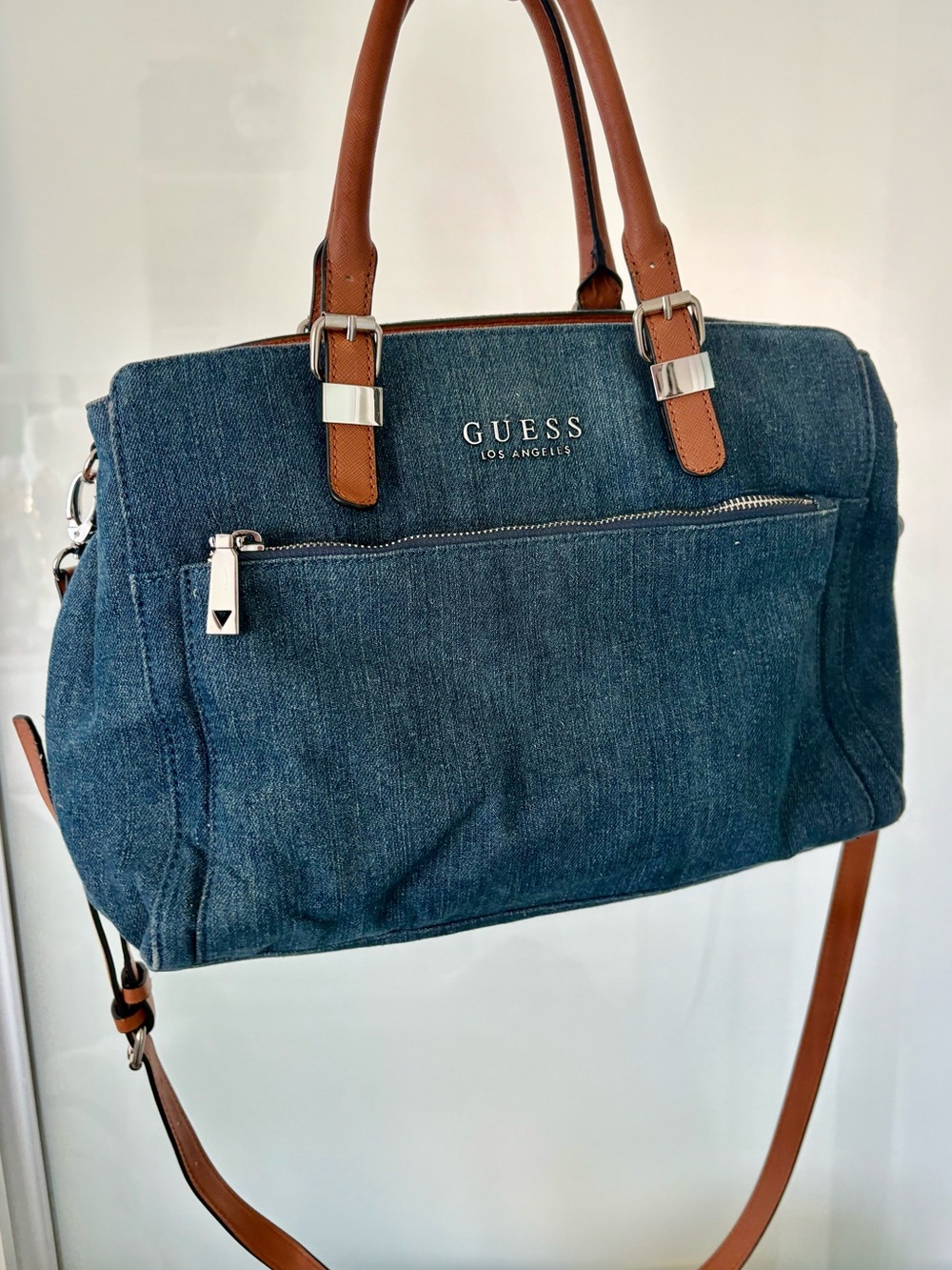 GUESS Denim Satchel Bag Blue Jean Brown Crossbody Shoulder Tote Y2K Purse
